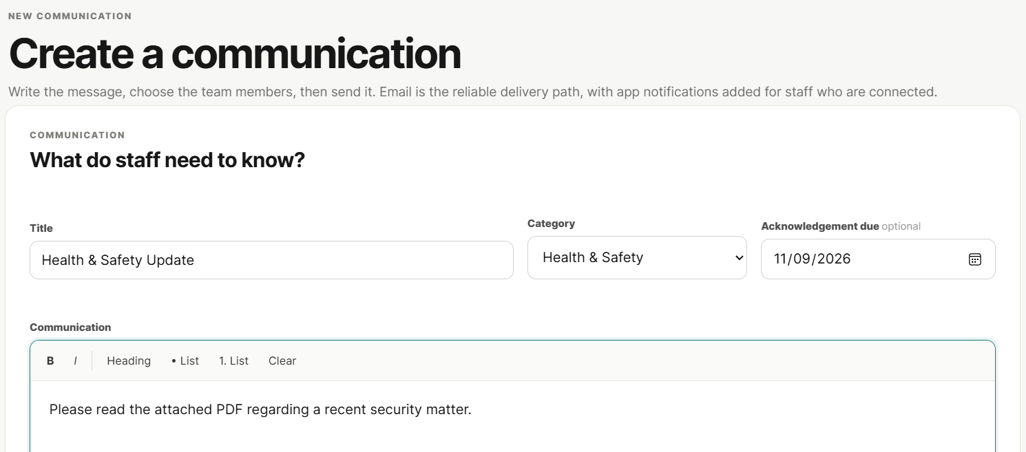Comms Made Saasy create a communication screen showing title, category, acknowledgement due date and communication editor