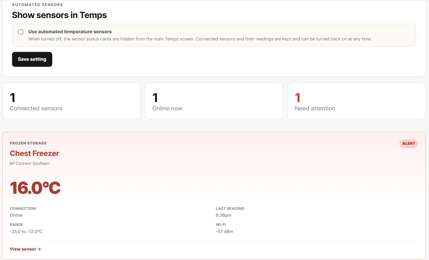 Temps Made Saasy automated sensor dashboard showing connected sensor status and a freezer temperature alert